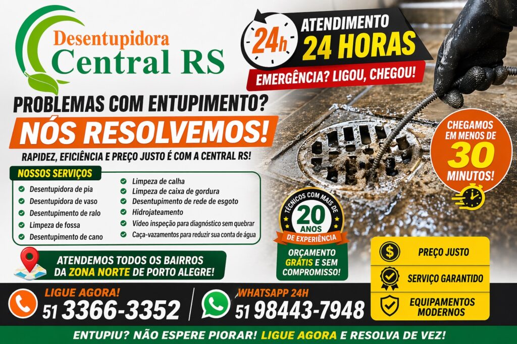 Desentupidora na Zona Norte de Porto Alegre 24h. Atendimento rápido, preço justo e orçamento grátis. Ligue agora!