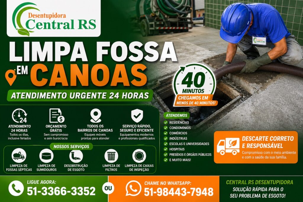 Limpa fossa em Canoas com atendimento 24h, orçamento grátis e chegada rápida. Serviço urgente e eficiente em todos os bairros.